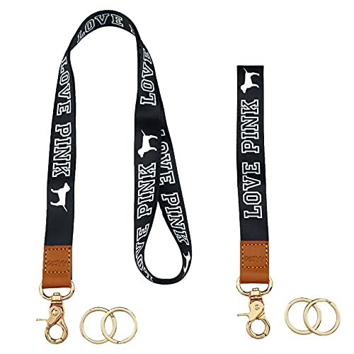 Wrist and Neck Lanyards for Keys ID Badge for Women Teacher Kids, 2 Pieces Cute Lanyards Key Chain Holder with 4 Keychain Rings for Car Keys Wallet Phone (Love-Black)