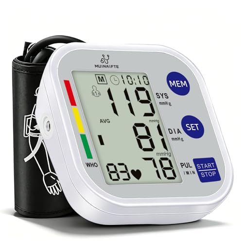 Tensiómetro digital de brazo MUINAIFTE, con manguito de 22-36 cm, que mide la presión arterial con precisión y cuenta con una función de alerta de riesgo, capaz de detectar arritmias（Blanco）