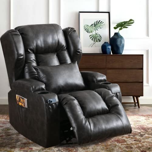 Etageria Swivel Recliner Nursery Rocking Chairs 360°, Manual Glider Recliner Chairs For Living Room,Upholstered Swivel Single Sofa Seat With Cup Holders, Side Pockets, Leather #TOP5