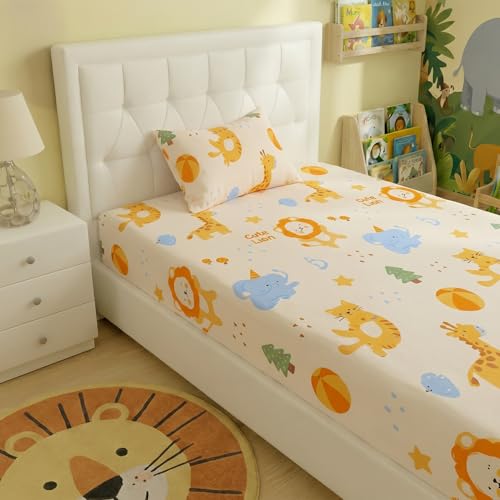 Image of Filymore Kids Single Bed Sheet Set with 1 Pillow Cover - Cute Cartoon Elephant & Lion Print, 240 TC Soft Microfiber Bedsheet for Kids Single Bed, Cream Orange Blue Bedspread, 90x60 Inch