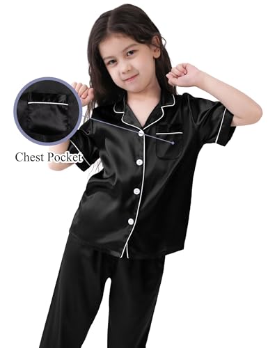 SWOMOG Girls Boys Silk Satin Pajamas Set Button-Down Two-Piece PJs Lounge Sets with Long Pants2