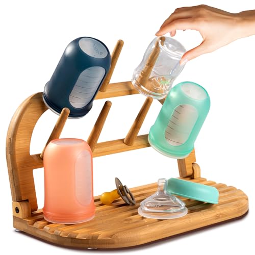 Image of TEYGA Baby Bottle Drying Rack - Indestructible Bamboo Baby Bottle Rack Dryer, Pro-Earth Baby Bottle Holder & Baby Bottle Dryer Rack, Use as a Travel Baby Bottle Cleaning Kit as a Baby Bottle Organizer