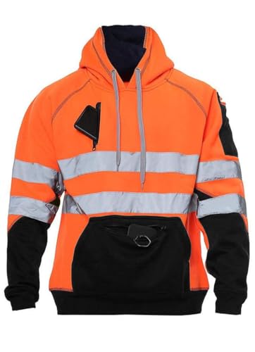 BSBAAA FASHIONS® Hi Viz Hoodie Sweatshirt Safety Work Reflective Tape Band Work Warm Security High Visibility Sweatshirt 3 Zip Pocket Pullover Hooded Top (Orange-Black, XL)