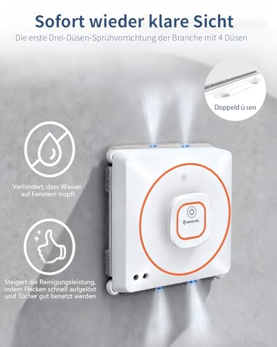 GNOVEL Fensterreiniger Roboter, 8000Pa Saugkraft Fensterroboter, 4 Reinigungsmodi mit intelligenter Routenplanung, 15-Stufen-Antifall-System, Fernbedienung für Glas, Fenster, Spiegel, Fliesen
