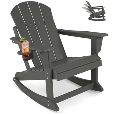 ABCPATIO Plastic Adirondack Chair - Rocking Adirondack Chairs with Cup Holder, Weather Resistant Seating for Patio, Porch, Deck, Pool, Garden, Backyard (Seat Width 20", Dark Gray)