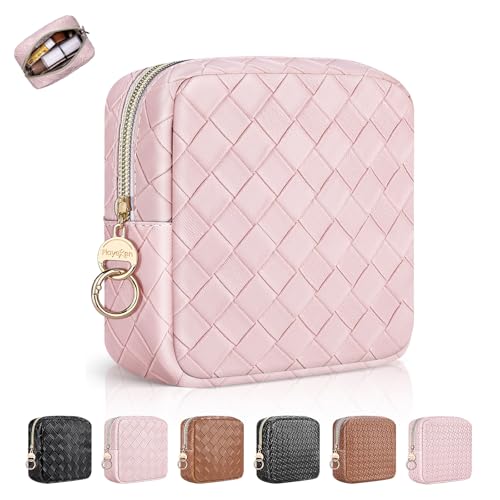 Playexen 5.5" Small Makeup Bag for Purse, PU Leather Mini Cosmetics Bag with Ring Buckle, Portable Small Travel Makeup Pouch for Women, Birthday/Wedding/Christmas Gifts (Large Plaid, Pink)