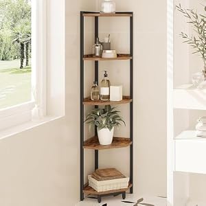 Corner Shelf Stand, Corner Bookshelf, Storage Standing Shelf Unit with Metal Frame, Plant Stand, Bookcase for Living Room, Home Office, Bedroom, 5-Tier Rustic Brown CS05901B