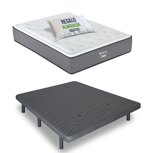 Matnature | Pack Cama Individual con Base Tapizada + Colchón Viscoelástico Nature |Firmeza Superior y Alta Adaptabilidad | Fabricación Sostenible España (Gris, 135x190)