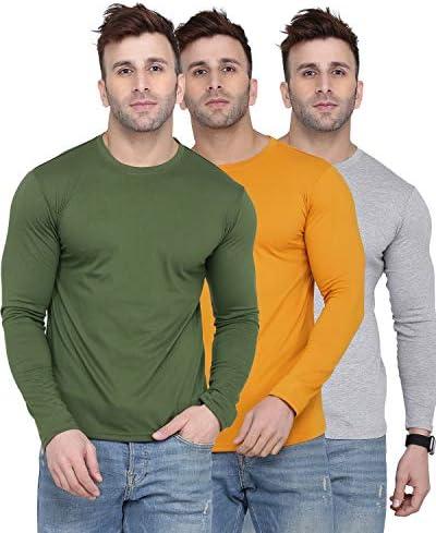 Kroptee Self Design Men Full Sleeve Round Neck Lite Grey, Olive Green and Mustard Yellow Red T-Shirt (Pack of 3)
