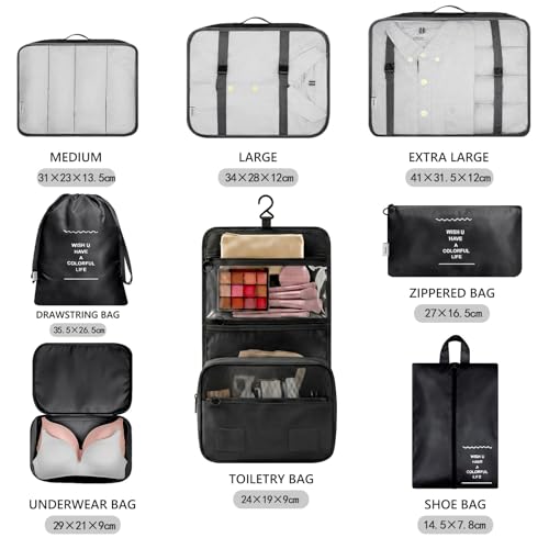 Image of MURISE Packing Cubes for Travel, 8 Pcs Suitcase Organiser Bags for Travel Essentials, Durable Luggage Organiser Set, Packing Organisers, Suitcase Organiser System for Men /Women, Black