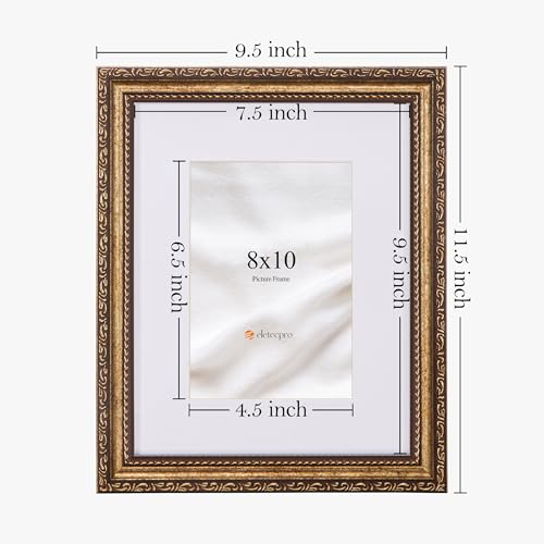 Image of eletecpro 8x10 Vintage Picture Frame, Glass Cover, Bronze Gold, 2-Pack | Display Photo 5x7 with Mat or 8x10 without, Horizontal or Vertical, Tabletop or Wall Decor