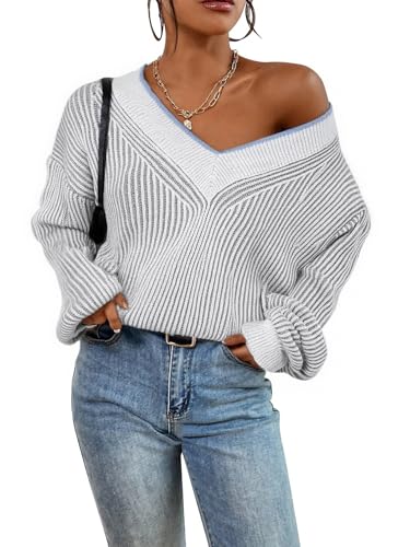 Image of Cakulo Womens Fall 2025 Oversized Striped V Neck Sweaters Long Sleeve Knit Color Block Trendy Pullover Sweater Top