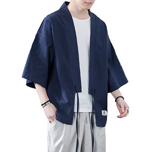 Doslavida Men's Kimono Cardigan Jackets Casual Cotton Linen Open Front Japanese Yukata Lightweight Seven Sleeves Coat #TOP3