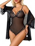 Avidlove Women's Sexy Lingerie Bodysuits and Teddies 2 Piece Lace Robe Set Teddy Bodysuit Mesh Sleepwear Kimonos Boudoir Outfits Black M