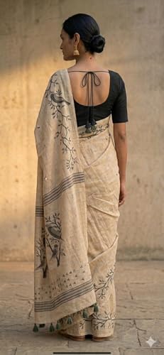 Image of Lilan Cotton Saree with White Daisy Floral Prints Tassel Pallu Lightweight Summer Saree