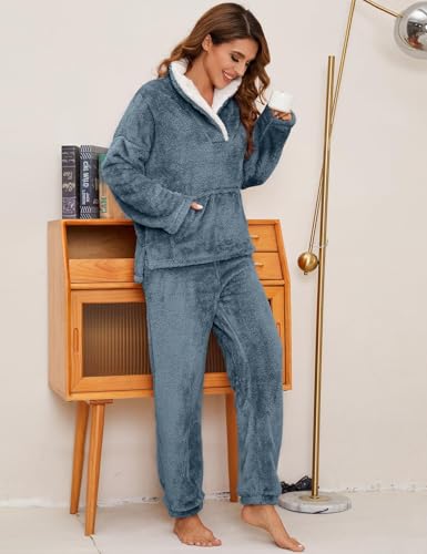 Flygo Women Fuzzy Warm Fleece Pajamas Sets Winter Flannel Sleepwear Fluffy Pajama Pullover Top Lounge Pants Set3