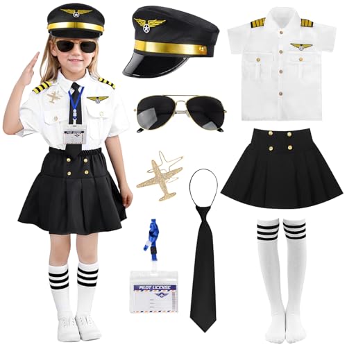 VICTERR Pilot Kostüm Kinder, Kapitän Piloten Kostüm Flieger Kostüm Set Faschingskostüme Halloween Kostüm Kinder,mit Pilot Costume,Fliegermütze,Brillen,Pilotenschein,für Fasching Karneval Halloween