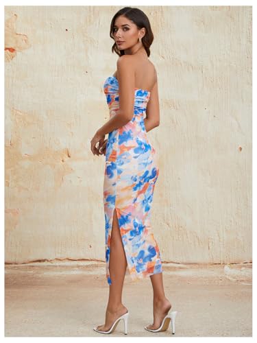 Image of Milumia Women's 2026 Summer Floral Strapeless Tube Top Dresses Side Slit Wedding Guest Bodycon Maxi Dress