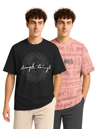 Image of BULLMER Trendy Half Sleeve Oversized Cotton Blend Crew Neck Tshirt for Men - Pack of 2