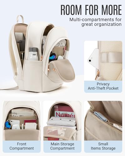 Image of LIGHT FLIGHT Travel Laptop Backpack for Women, 15.6 Inch Backpack with USB Charging Hole, Water Resistant College Bookbag, Large Capacity Black Computer Backpacks for Work, Warm Beige