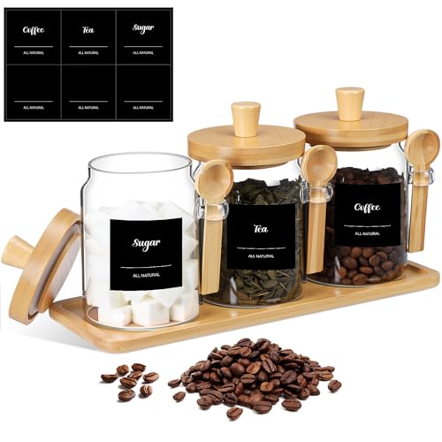 Image of Suclain 3 Pcs Glass Coffee Container Set, 20 oz, Natural Bamboo