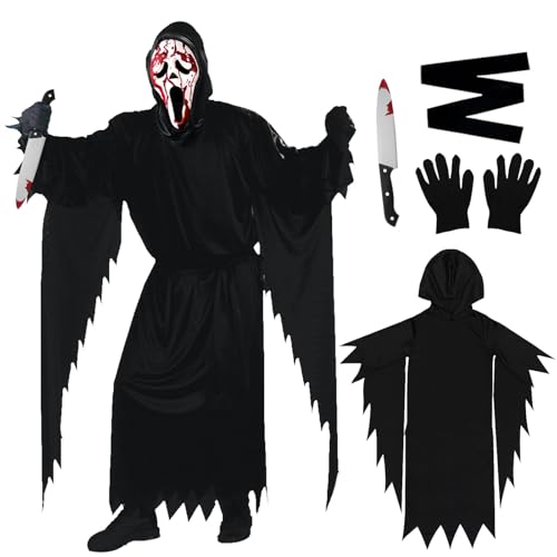 Schauriges Screaming Ghost Kostüm, Gruseliges Geistergesicht Scream Cosplay Kostüm, Adult Scream Ghost Face Costume mit Scream Mask Fake Messer, Horror Ghost Face Outfit für Halloween KarnevalCosplay