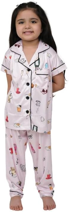 Girl's Silk Bleand Printed Short Sleeve Pajamas Set | Silk Bleand | Printed | Ankle Length | Collar | Short Sleeve | Size 11-12 -Yrs | Colour Creem