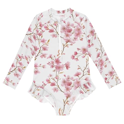 ALAZA Toddler Swimsuit Girl Bathing Suit Swimwear Rash Guard Cherry Blossoms Long Sleeve 3T