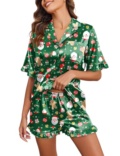 Image of Ekouaer Satin Pajama Set for Women 2 Piece Pj Sets Short Sleeve Sleepwear | Super Soft Silky Summer Loungewear Set with Ruffle Short Sleeve Top and Pocket Shorts, Casual Travel Daily Gift