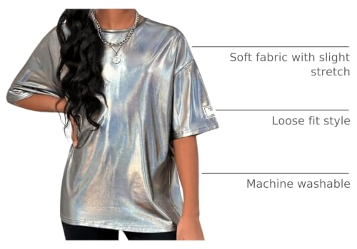 Image of Verdusa Girl's Metallic Oversized T-Shirt Disco Outfits Crew Neck Loose Y2k Dance Tops
