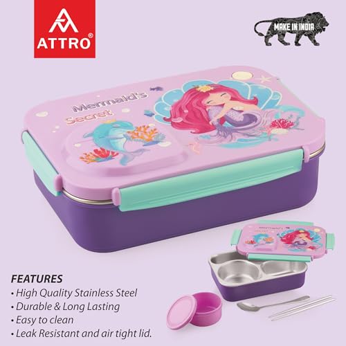 Image of ATTRO School Bite Stainless Steel Lunch Box - 3 Compartment Bento Tiffin, Leak-Proof & Durable, Ideal for Kids, School, Picnic- 750ml+150ml, Pink Lavender- Princess Theme