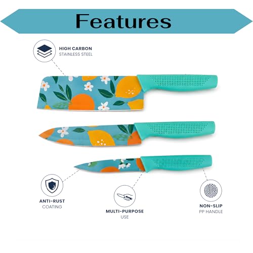 Image of Kitchen Knife Set 3-Piece Stainless Steel | Sharp Non-Stick Chef, Utility & Paring Knives | Ergonomic Non-Slip Handle for Vegetable, Fruit & Meat Cutting | Blue