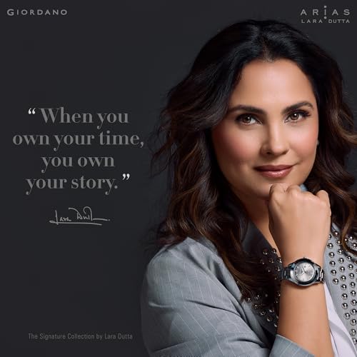 Image of Giordano Arias Lara Dutta Signature Collection Analog Quartz Watch for Women with Mother-of-Pearl Dial, Baguette-Cut Crystal Studded Bezel and Adjustable Chain Bracelet Strap