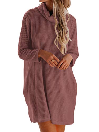 Woneta Women's Turtleneck Long Sleeve Sweater Dress Oversized Loose Knitted Sweater Dress with Pocket Pullover Tops W293-xiuhong-S Rust