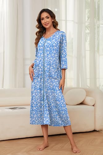 Image of Bloggerlove Zipper Front Robes for Women House Coat Half Sleeve Loungewear Long Nightgown with Pockets S-3XL