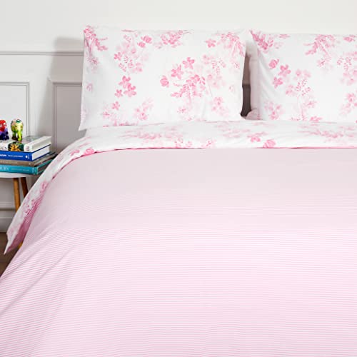 LERUUM Double Bed Duvet Cover Set Cotton Reversible Floral and Striped Pink Bedding Duvet Cover Sets White - Image 3