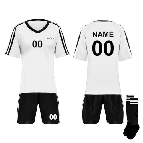 TopTie Custom Soccer Jersey, Shoulder Striped Soccer Shirts, with Jersey, Shorts and Socks-White/Black-6Years