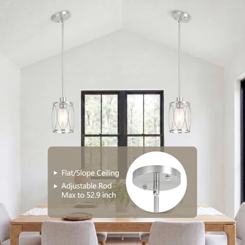 Image of Glass Pendant Lights Kitchen Island Brushed Nickel, 1 Pack | Pendant Light Fixtures Adjustable Farmhouse Mini Hanging Light with Clear Glass for Sink Dining Room Foyer Entryway