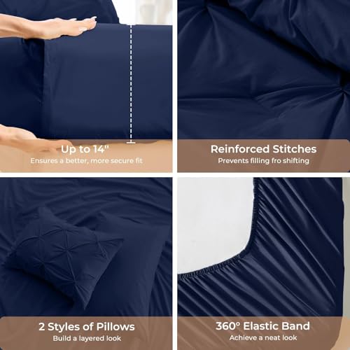 Image of Sasttie King Size Comforter Set, 7-Piece Bed in a Bag, Pintuck Bedding Sets for All Season, Includes Comforter, Flat Sheet, Fitted Sheet, Pillowcases and Pillowshams, Navy