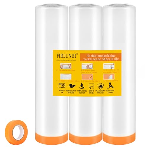 FIRLUNHI Abdeckfolie mit Klebeband, 3 rolls of 180CM x 15M,abdeckfolie maler,abdeckfolie auto lackieren,Selbstklebende folie,Für Wandanstriche, Schutz von Autolacken, Staubschutz für Möbel