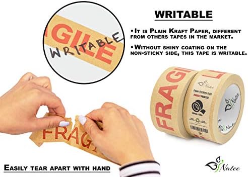 NATEE® Strong Paper Packaging Tape | Eco-Friendly | Fully Recyclable | Fragile Printed Kraft Paper for Packing Parcels and Boxes | Brown Paper Packaging for Moving House | 50m x 50mm Width | 6 Rolls