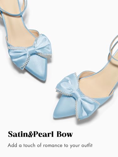 Image of Coutgo Womens Satin Kitten Low Heels Bow Pearl Closed Pointed Toe Pumps Ankle Strap Wedding Dress Shoes