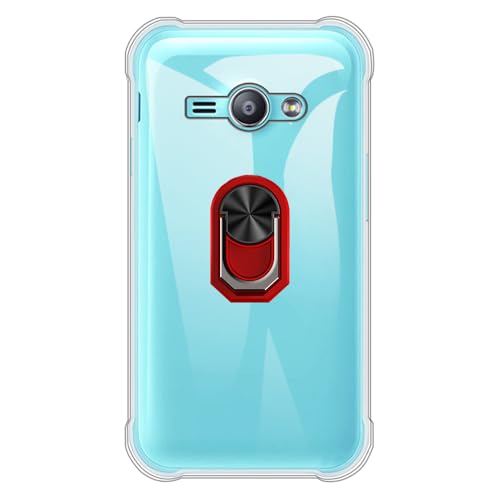 UOGNADGD Flexible Case + Ring Holder Compatible with Samsung Galaxy J1 Ace Phone Shockproof Cover & Magnetic Mecha Style Finger Grip Kickstand (Clear+RedRing)