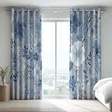 Generisch Einfach Thermovorhang Weich Wärmeschutz Blau Grau Sanft Elegant Blumen Drucken Vorhang-Set Mikrofaser Für Wohnzimmer Schlafzimmer Gardinen 2er Set H245 x B140 cm