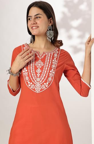 Image of Janasya Women's Pure Cotton Yoke Embroidered Straight Kurta