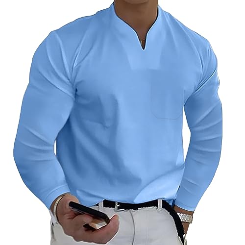 JEKE-DG Fashion V Neck Shirt for Men Long Sleeve Cotton Workout Casual Shirts Muscle Slim Fit Shirts with Pocket (X-Large,Light Blue 2)