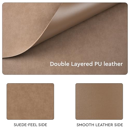 Image of Encasa XO Leather Dining Table Mat Set of 4 + 4 Coasters, 42x30 & 9 cm | Water & Heat Resistant Double-Layer Dining Table Mats with Suede Top | Wipeable & Durable Taupe Placemats for Dining Table