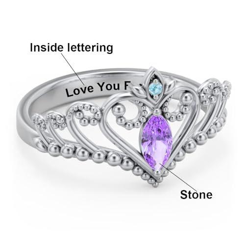 Birthstone Ring 925 Sterling Silver Crown Rings Personalized Heart Tiara Ring Customized Promise Ring for Her Anniversary Birthday Jewelry Gifts for Lover Mom Girlfriend2