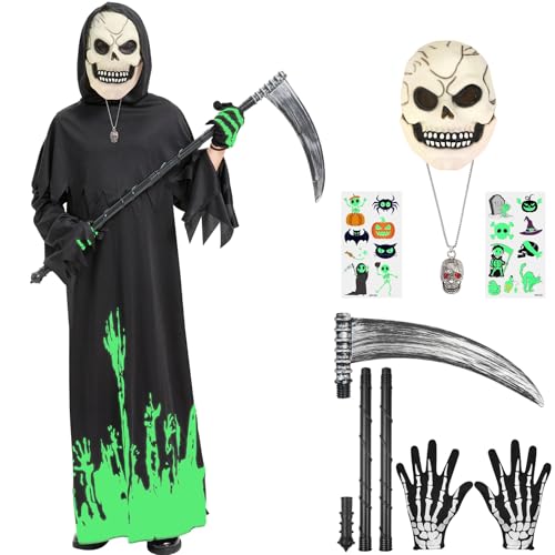 Haozozo Halloween Sensenmann Kostüm Kinder mit Dunkel Leuchtendem Jumpsuits, Dunkel Leuchtender Latexmaske, Handschuhen und Sense (8-11 Jahre)