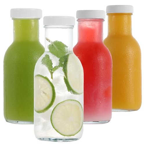 LIMILI Glass Juice Bottles with Lids, 4 pack 250ml Reusable Glass Bottles with Lids, Dairy Drinking Bottles Clear Glass Bottles Glass Drinking Bottles for Homemade Beverages Picnics Travel School